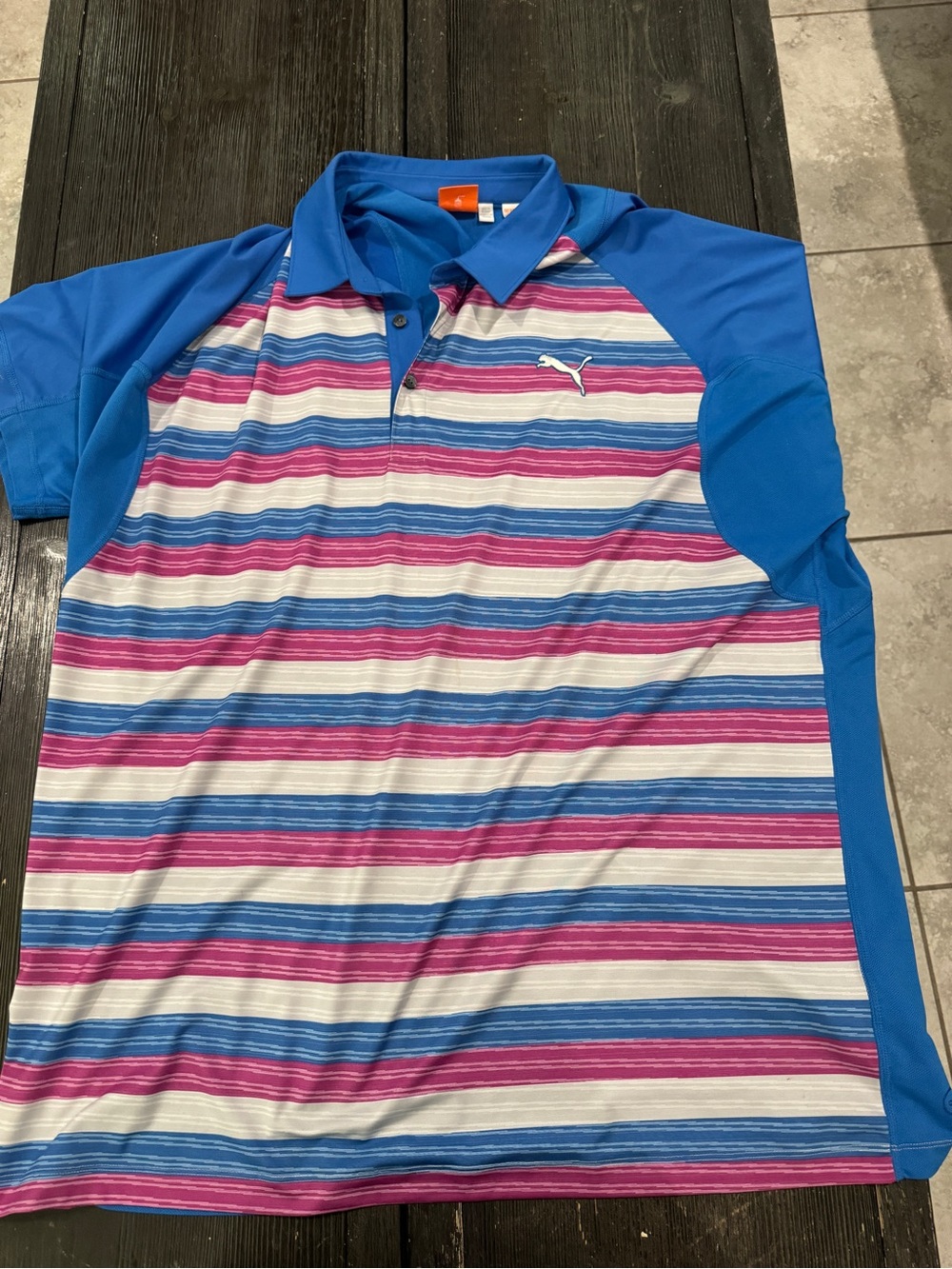 Puma Men’s Blue and Pink Striped Polo